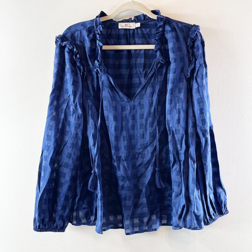 Vineyard Vines Gingham Checkered Long Sleeve Silk Blend Blouse Blue XL